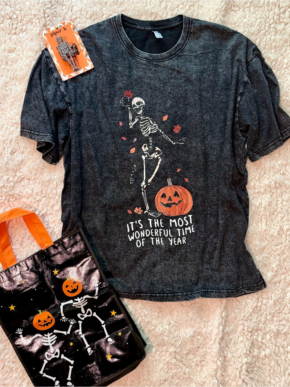 NWT Halloween Piper K Rhinestone Skeleton Clip Dancing Skeleton Tee + Tote XL